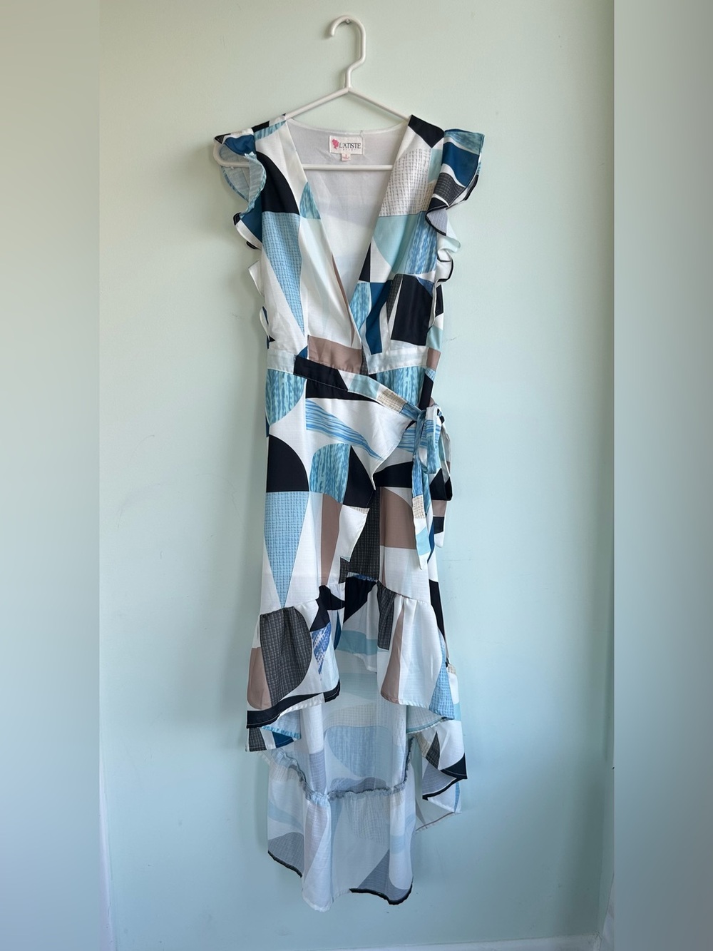 L'ATISTE Geometric High-Low Wrap Dress in Blue, White & Tan